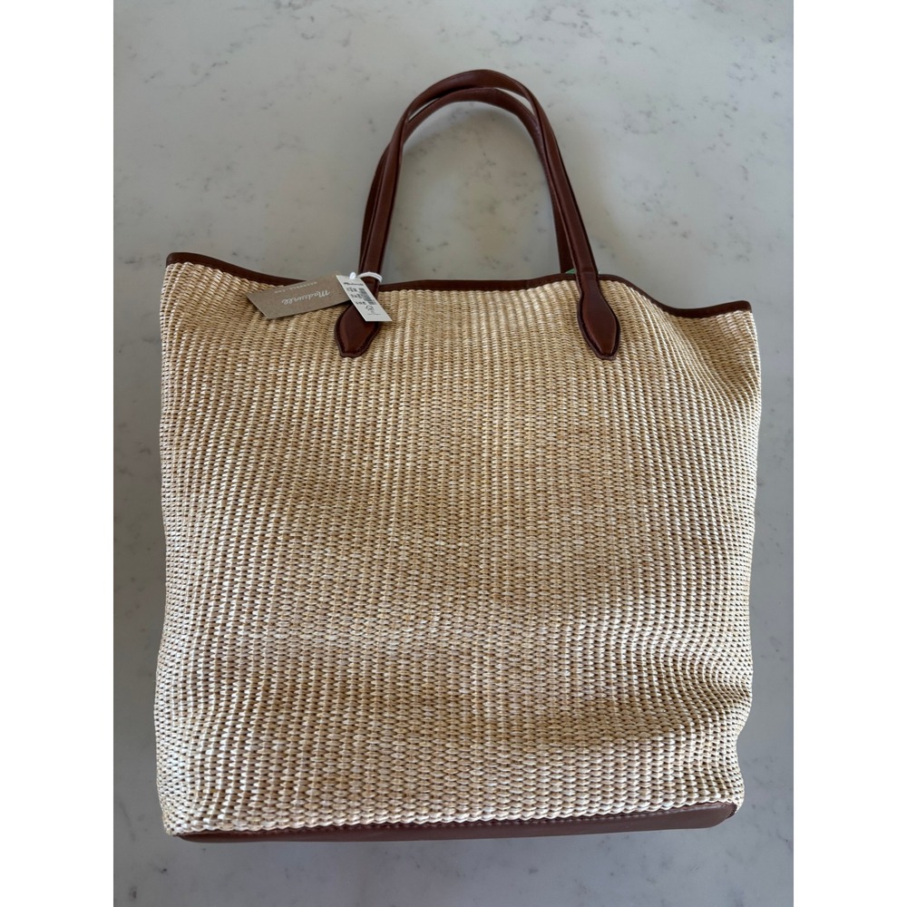 Madewell Woven Straw Transport Tote Leather Trim Brown Tan NF319 NWT - Picture 2 of 11